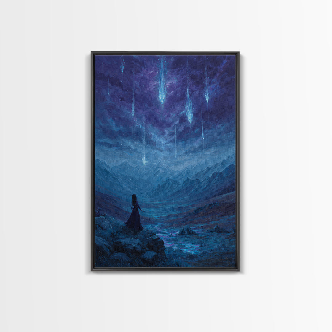 Celestial Meteor Valley Wall Art, Blue Mountain Fantasy Landscape, Mystical Night Sky Decor For Bedroom Or Office Canvas Print