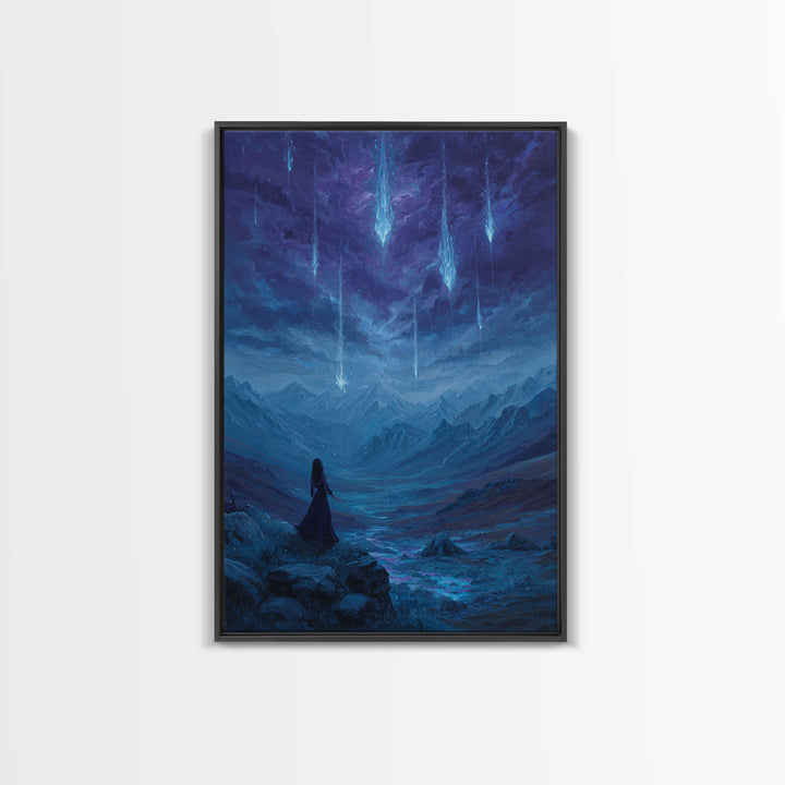 Celestial Meteor Valley Wall Art, Blue Mountain Fantasy Landscape, Mystical Night Sky Decor For Bedroom Or Office Canvas Print