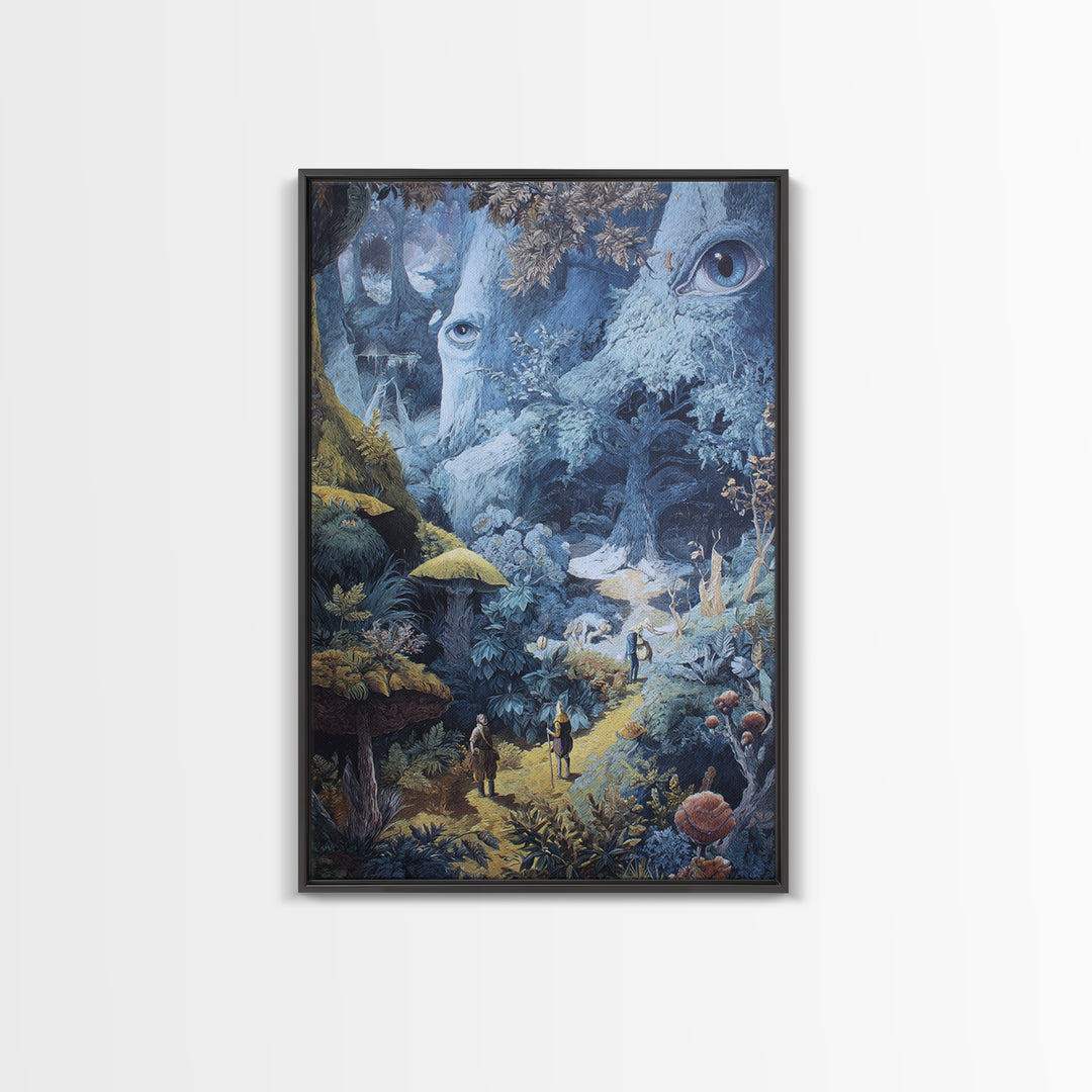 Ancient Forest Faces Wall Art, Surreal Mushroom Path Fantasy Illustration, Whimsical Woodland Decor For Reading Nook Canvas Print