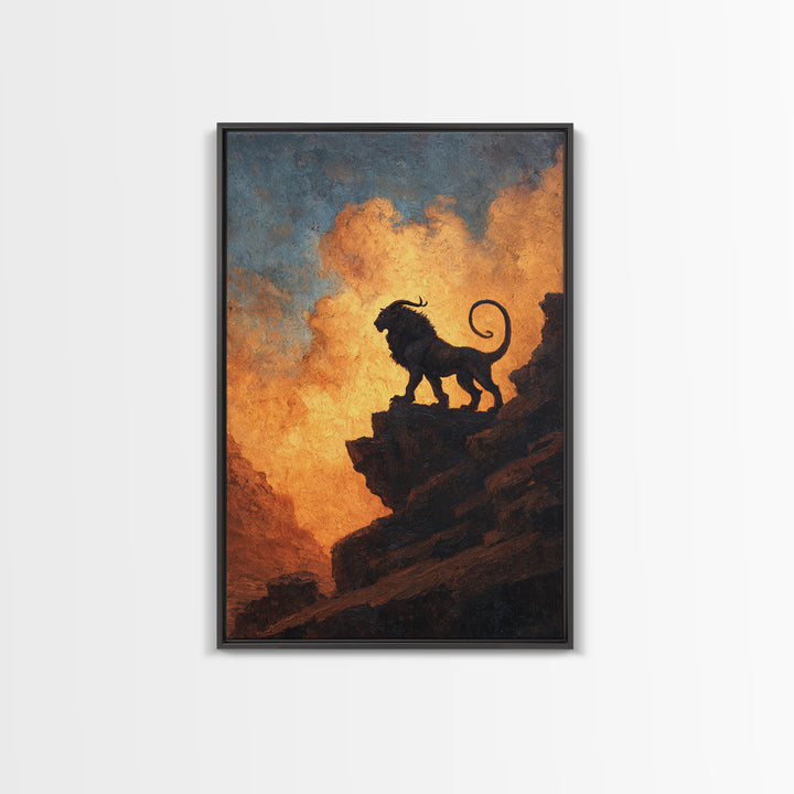 Black Lion On Sunset Cliff Canvas Print, Dramatic Wildlife Silhouette Wall Art, Rustic Safari Decor For Living Room Or Office