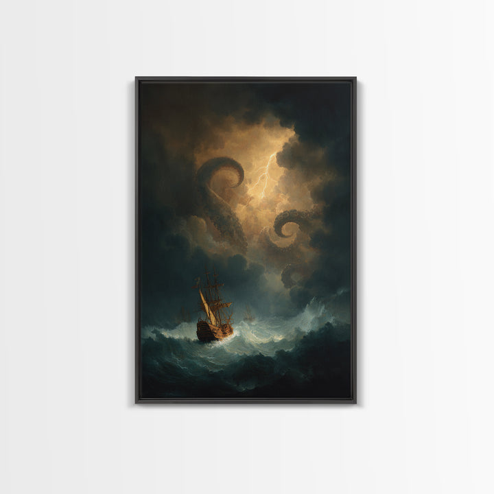 Kraken Sea Monster Wall Art, Stormy Ship Ocean Fantasy Painting, Dark Nautical Canvas Print For Gothic Coastal Decor Gift