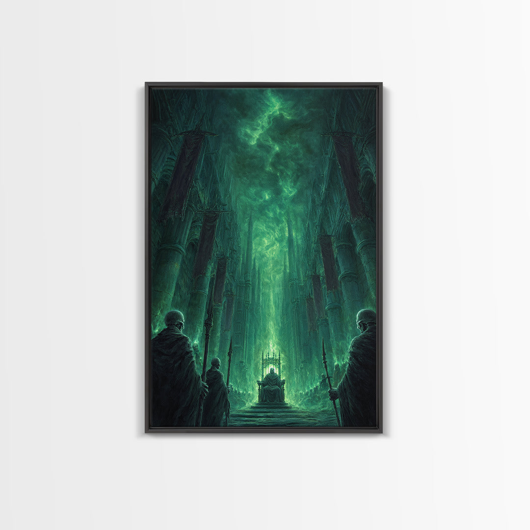 Emerald Gothic Throne Room Framed Canvas Print, Dark Fantasy Cathedral Wall Art, Moody Occult Decor For Office Or Library