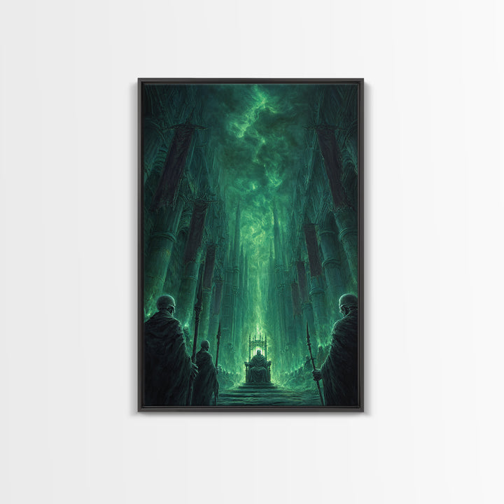 Emerald Gothic Throne Room Framed Canvas Print, Dark Fantasy Cathedral Wall Art, Moody Occult Decor For Office Or Library