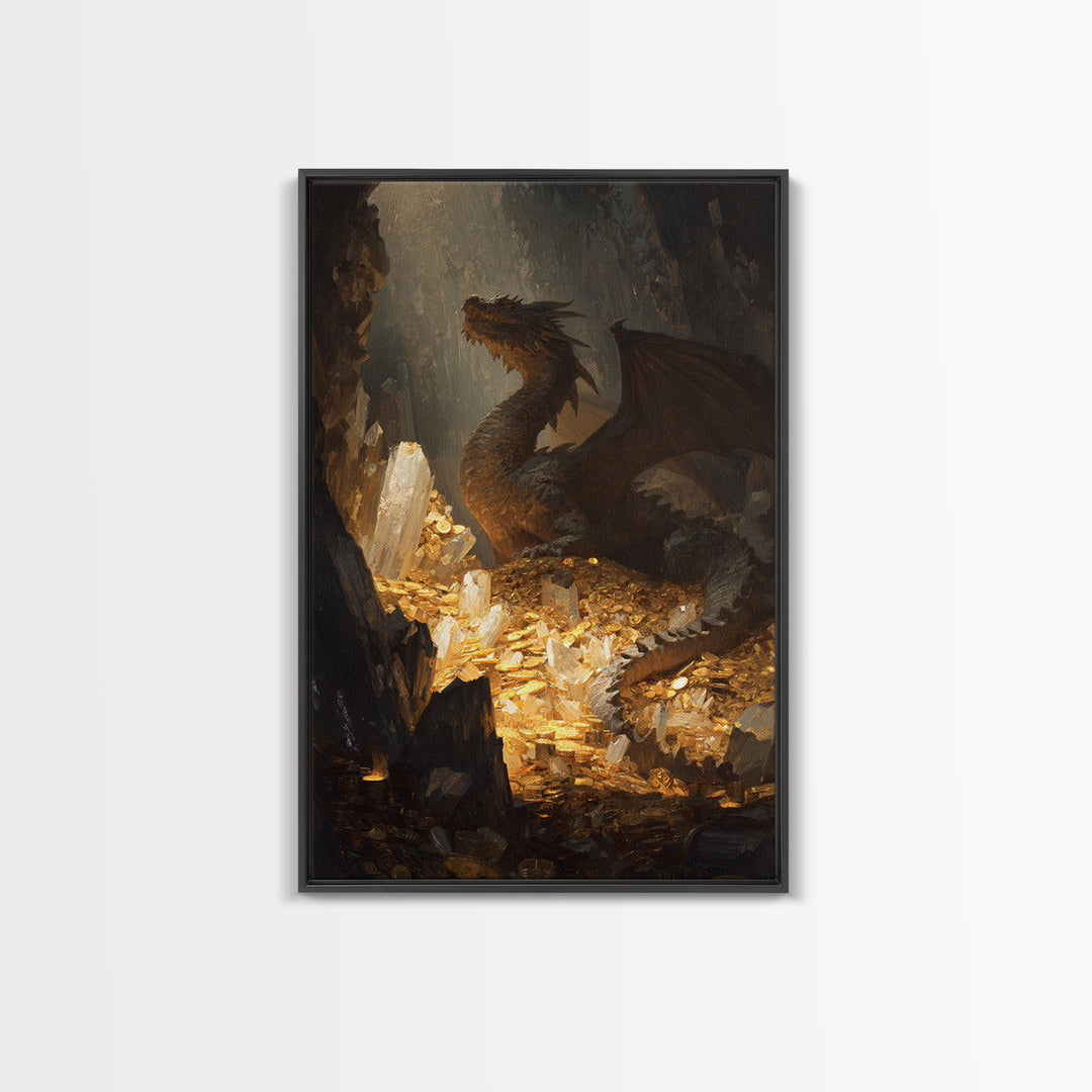 Dragon Guarding Crystal Treasure Framed Canvas Print, Dark Fantasy Cave Wall Art, Mythical Gold Hoard Decor For Gamer Room