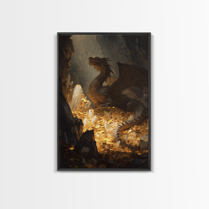Dragon Guarding Crystal Treasure Framed Canvas Print, Dark Fantasy Cave Wall Art, Mythical Gold Hoard Decor For Gamer Room