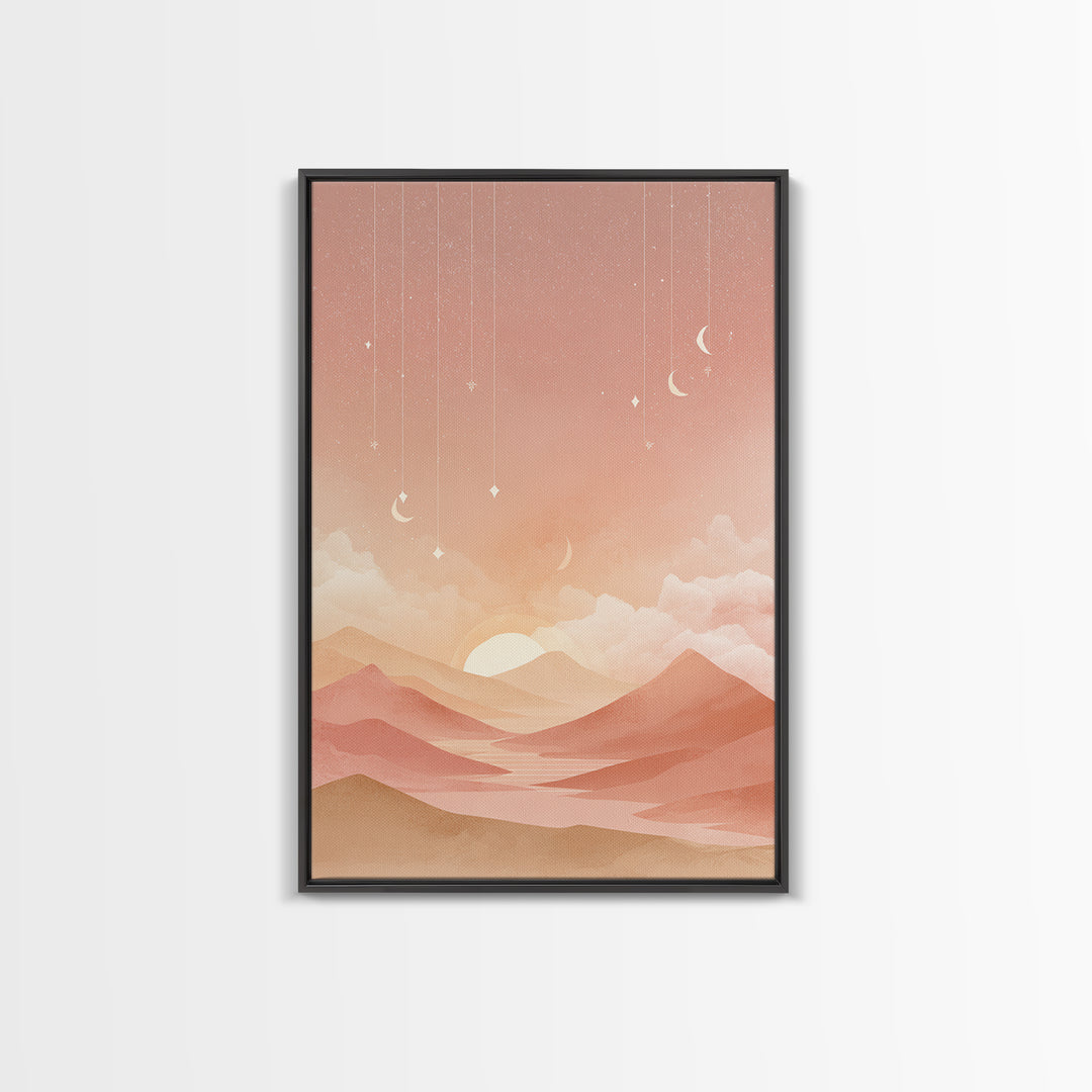 Peach Desert Sunrise Wall Art, Minimalist Moon Landscape Canvas, Boho Nursery Decor, Warm Neutral Bedroom Print Gift For Her