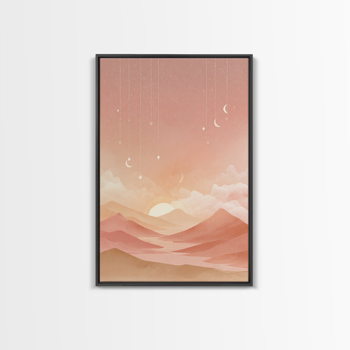 Peach Desert Sunrise Wall Art, Minimalist Moon Landscape Canvas, Boho Nursery Decor, Warm Neutral Bedroom Print Gift For Her