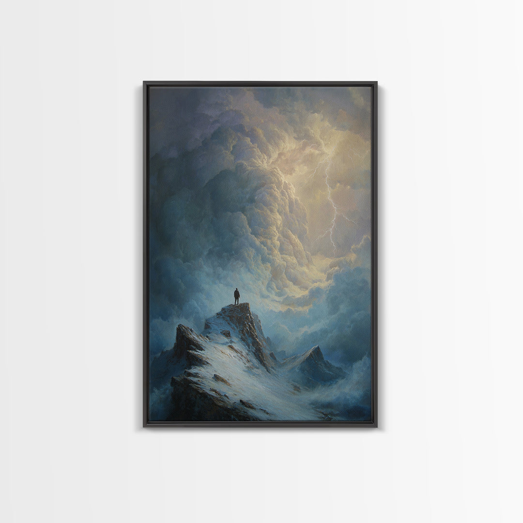 Lone Figure On Stormy Mountain Wall Art, Lightning Cloudscape Canvas Print, Moody Landscape Decor, Dark Academia Gift For Him