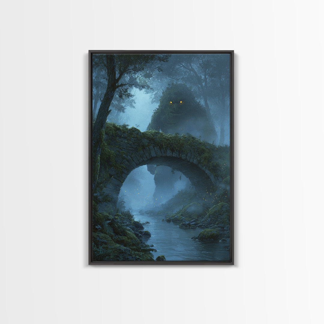 Glowing Eyed Forest Troll Wall Art, Enchanted Stone Bridge Canvas Print, Whimsical Fantasy Decor, Woodland Nursery Gift Art