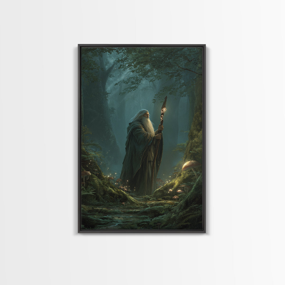 Ancient Wizard In Enchanted Forest Wall Art, Magical Mushroom Canvas Print, Dark Academia Fantasy Decor, Mystical Gift For Him