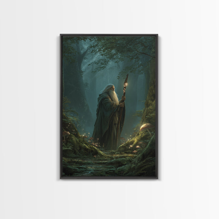 Ancient Wizard In Enchanted Forest Wall Art, Magical Mushroom Canvas Print, Dark Academia Fantasy Decor, Mystical Gift For Him