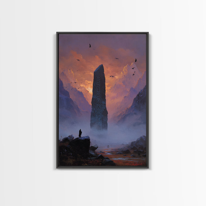 Misty Mountain Monolith Raven Large Canvas Print, Dark Fantasy Wall Art, Epic Landscape Art, Gothic Office Decor, Gift For Him