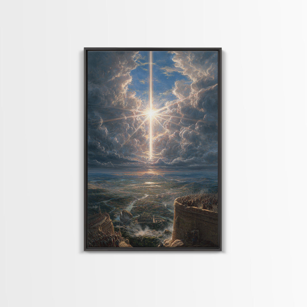 Radiant Cross In Storm Clouds Framed Canvas Print, Christian Wall Art, Celestial Landscape Art, Spiritual Home Decor Gift
