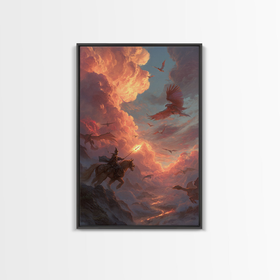 Knight And Phoenix Sunset Sky Battle Canvas Print, Fantasy Wall Art, Dragon Painting, Medieval Decor, Epic Statement Artwork