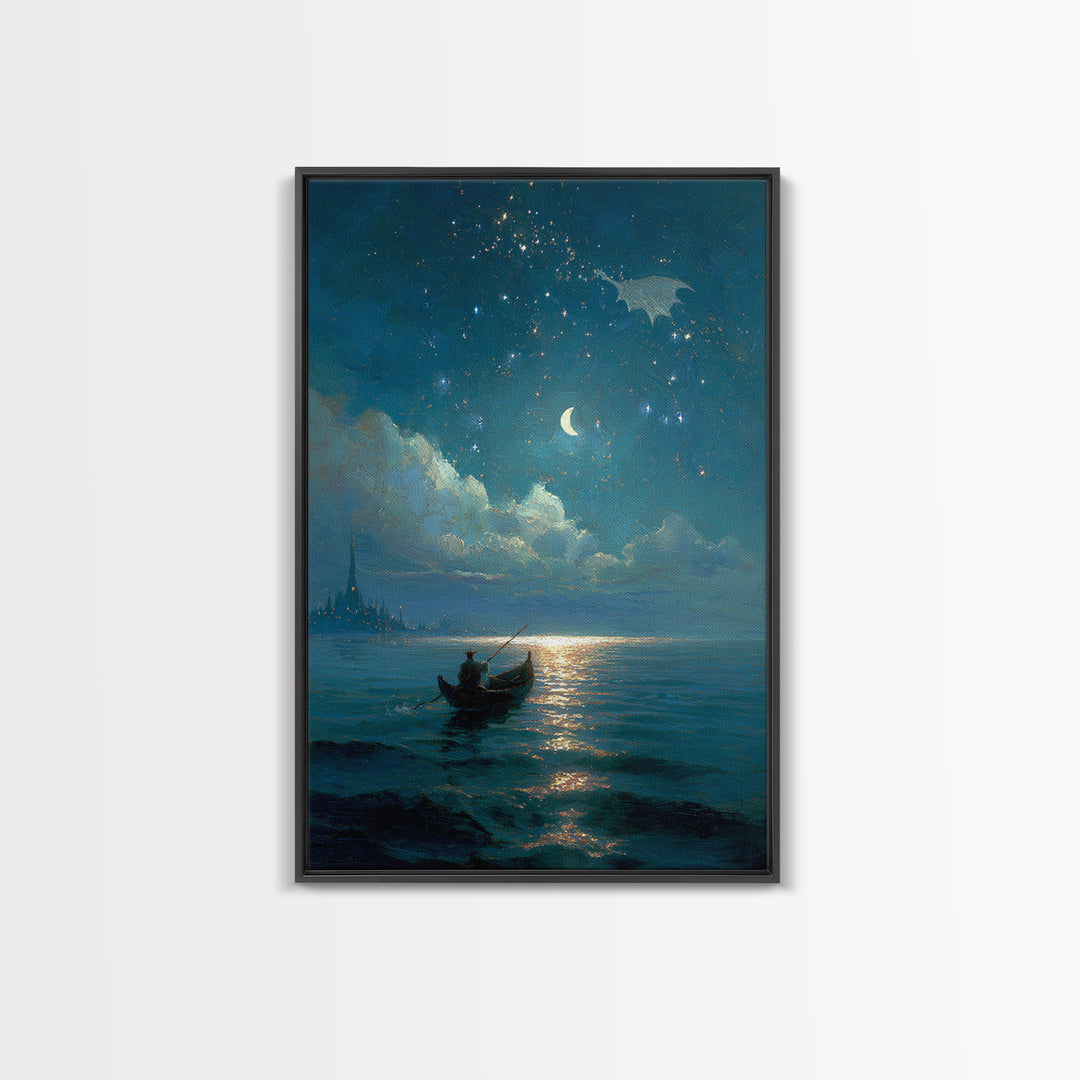 Moonlit Blue Boat And Castle Canvas Print, Celestial Wall Art, Fantasy Seascape Painting, Starry Night Decor, Gift For Her