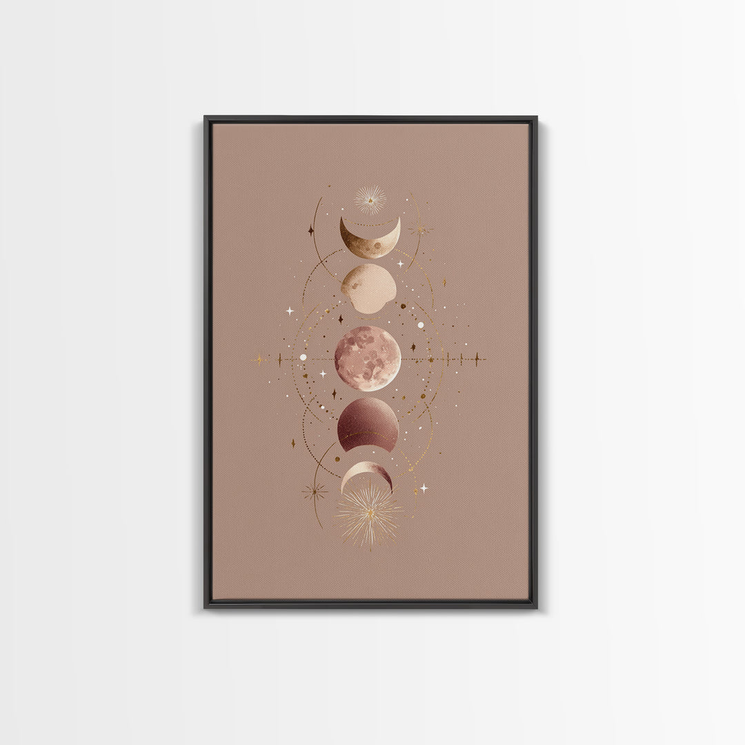 Moon Phases Celestial Wall Art, Taupe Boho Astrology Canvas, Mystical Lunar Decor, Minimalist Bedroom Print Gift For Her