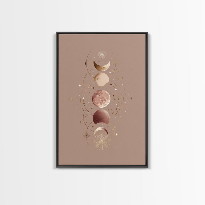 Moon Phases Celestial Wall Art, Taupe Boho Astrology Canvas, Mystical Lunar Decor, Minimalist Bedroom Print Gift For Her