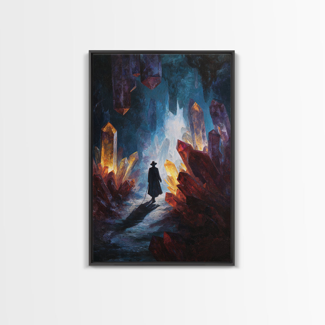 Glowing Crystal Cave Explorer Canvas Print, Fantasy Wall Art, Mystical Gemstone Cavern, Dark Academia Home Decor Gift For Him