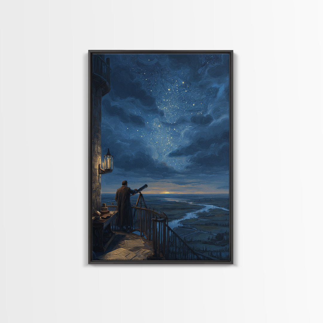 Stargazer Observatory Balcony Canvas Print, Celestial Wall Art, Astronomy Poster, Night Sky Decor, Gift For Space Lover Decor
