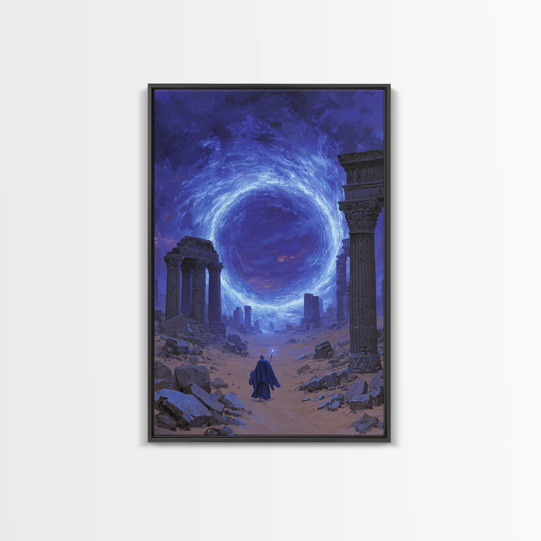 Ancient Ruins Blue Portal Canvas Print, Fantasy Wall Art, Magical Desert Landscape, Wizard Decor, Surreal Home Decor Gift