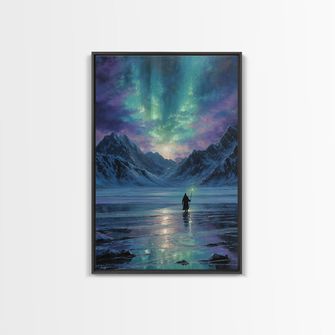 Northern Lights Mountain Lake Canvas Print, Aurora Wall Art, Fantasy Landscape Painting, Nordic Decor, Calming Home Decor Gift