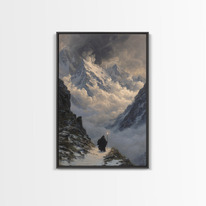 Stormy Snow Mountain Pass Canvas Print, Fantasy Wall Art, Moody Landscape Painting, Adventure Decor, Dramatic Home Decor