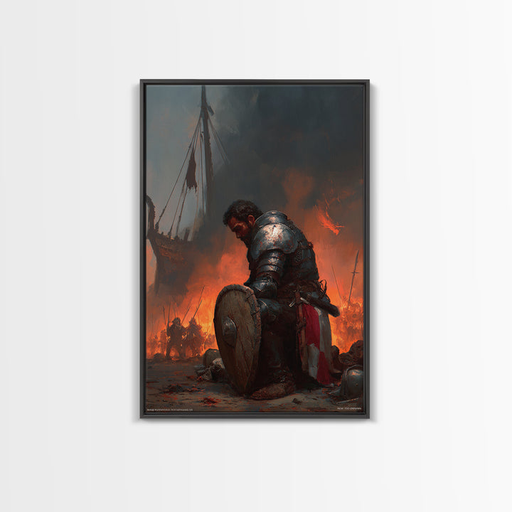 Kneeling Armored Warrior Canvas Print, Dark Fantasy Wall Art, Medieval Battle Scene, Viking Decor, Gift For Him Home Decor