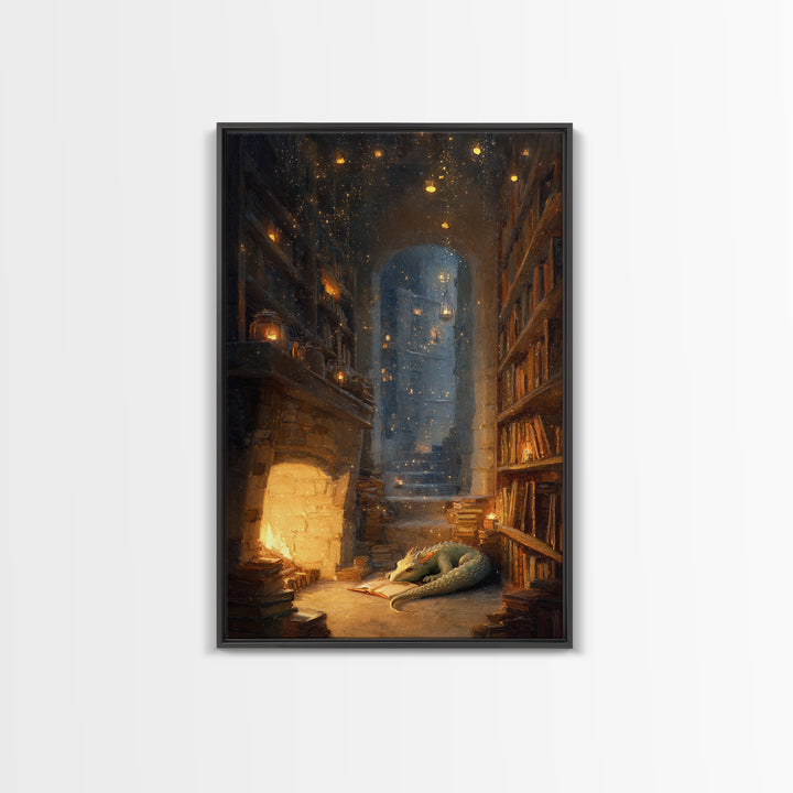 Cozy Dragon Library Fireplace Canvas Print, Fantasy Wall Art, Book Lover Decor, Dark Academia Reading Nook Home Decor Gift