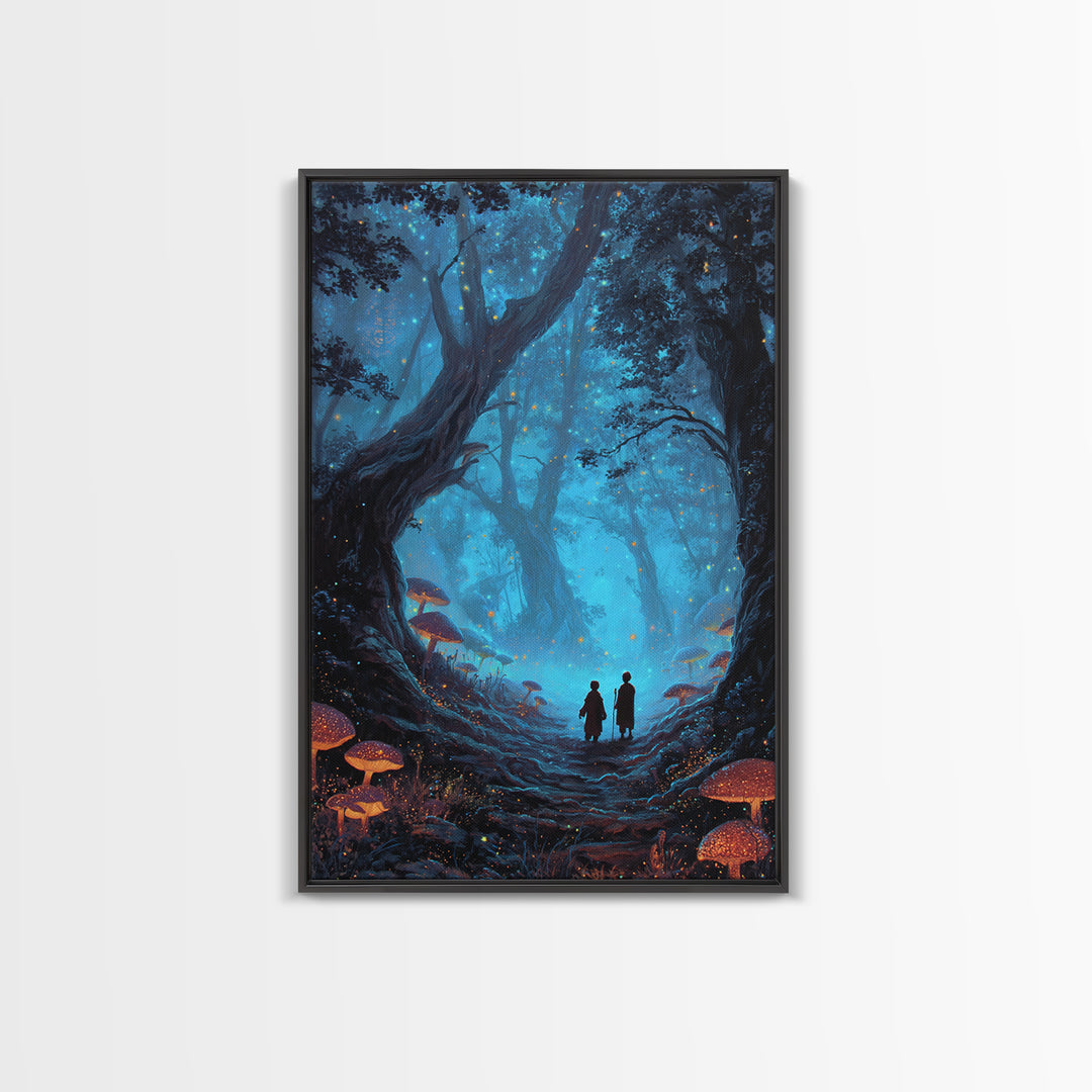 Enchanted Blue Mushroom Forest Wall Art Magical Fantasy Canvas Print For Bedroom Decor, Whimsical Fairy Tale Gift For Her