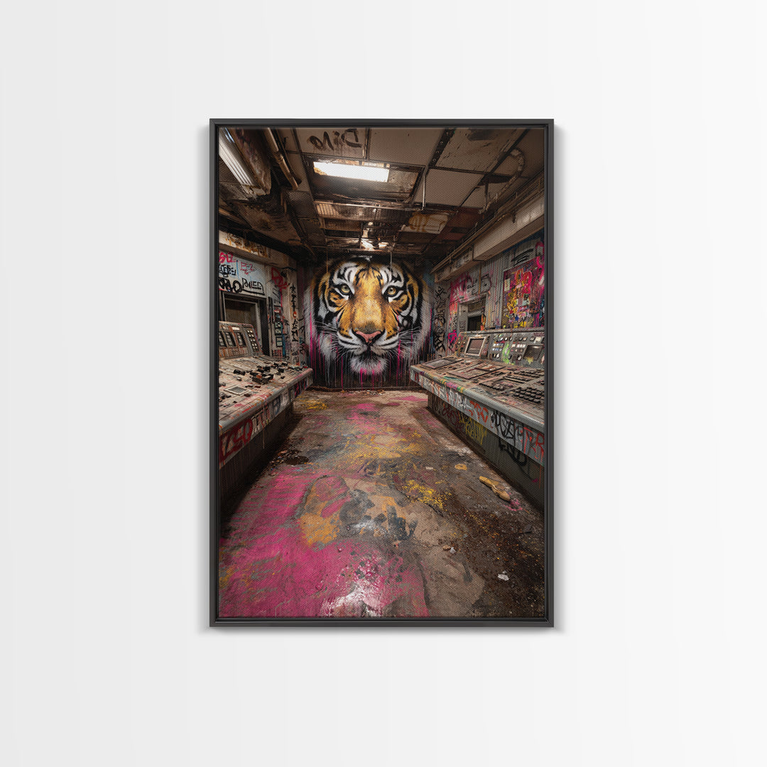 Tiger Mural In Abandoned Control Room Wall Art Urban Graffiti Canvas Print, Bold Animal Decor For Game Room Or Office Gift