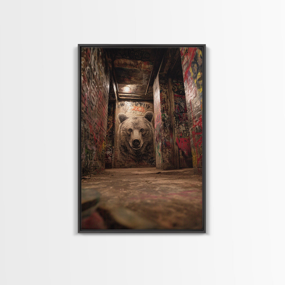 Moody Bear Portrait Graffiti Tunnel Wall Art Urban Wildlife Canvas Print, Dark Industrial Decor For Man Cave Or Office Gift