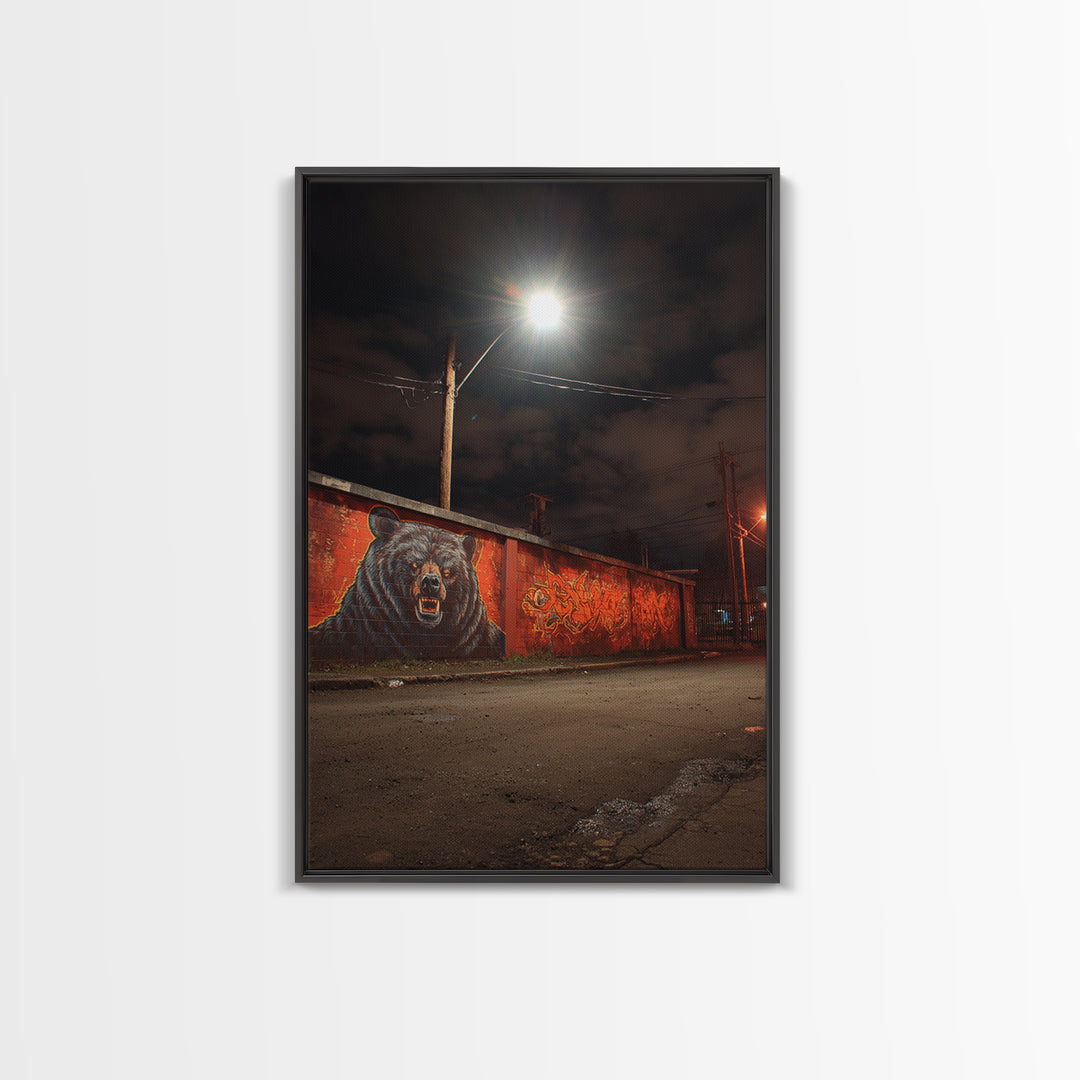 Night Street Bear Graffiti Wall Art Urban Wildlife Canvas Print, Red Brick Mural Decor For Man Cave Or Industrial Office