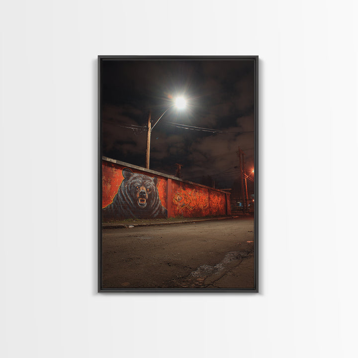 Night Street Bear Graffiti Wall Art Urban Wildlife Canvas Print, Red Brick Mural Decor For Man Cave Or Industrial Office