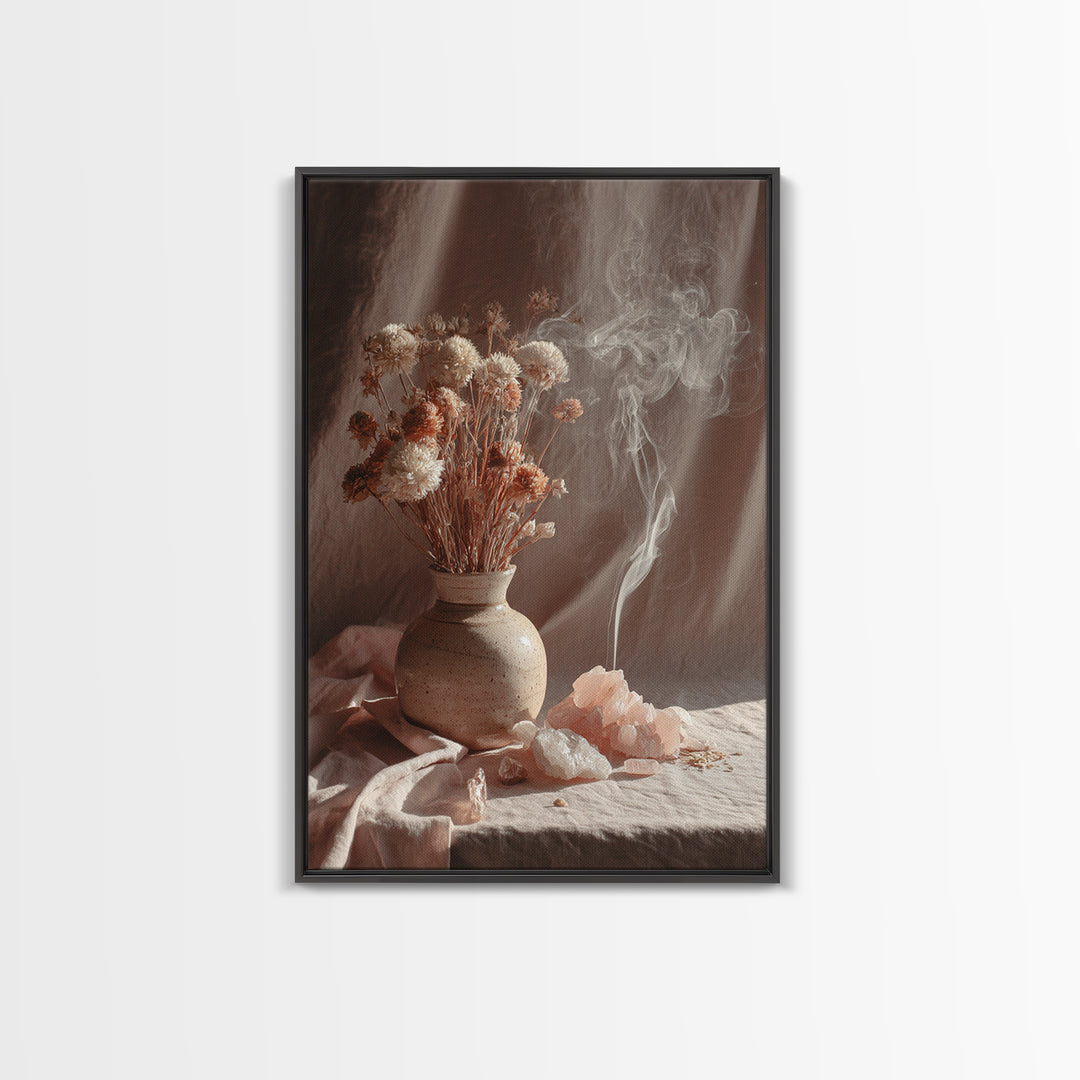 Dried Flowers With Incense Smoke Framed Canvas Print, Boho Wall Art, Rose Quartz Decor, Spiritual Bedroom Wall Decor Gift