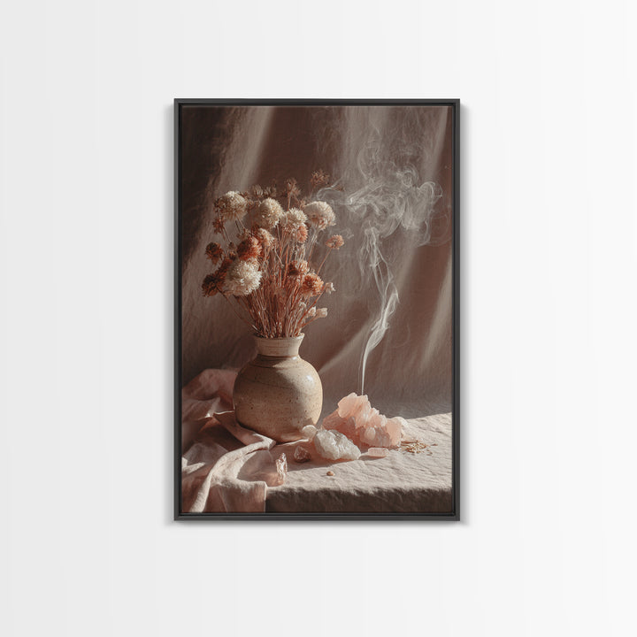 Dried Flowers With Incense Smoke Framed Canvas Print, Boho Wall Art, Rose Quartz Decor, Spiritual Bedroom Wall Decor Gift