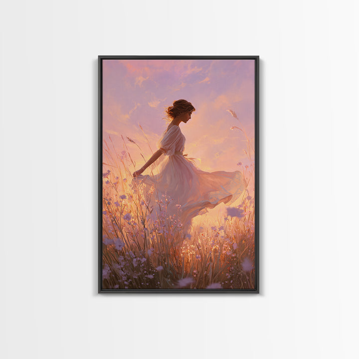 Sunset Meadow Woman In White Dress Wall Art, Romantic Wildflower Canvas Print, Feminine Bedroom Decor, Living Room Decor, Gift For Her