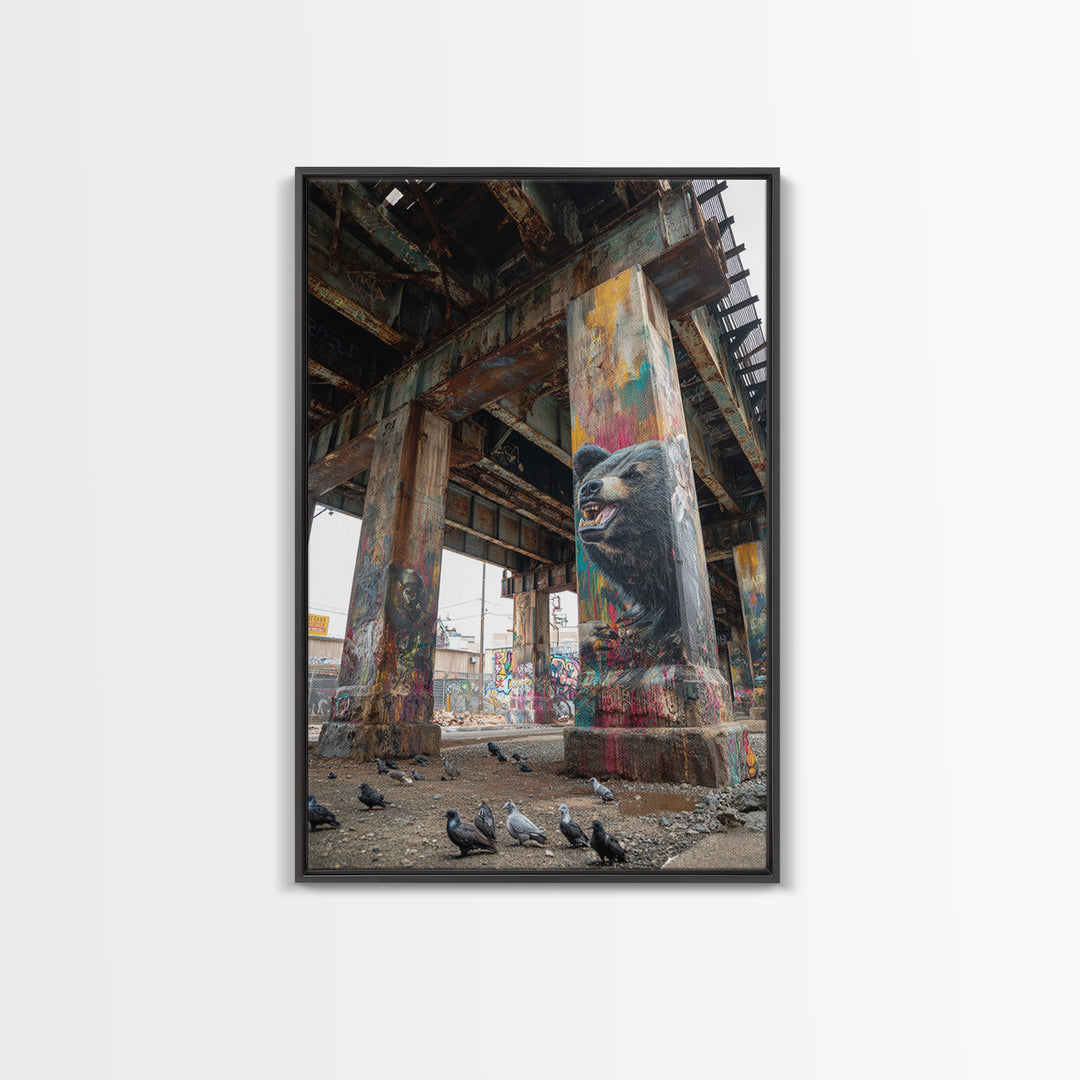 Vibrant Street Art Bear On Grungy Urban Pillar Graffiti Wall Painting Framed Canvas Print Trendy Wall Art