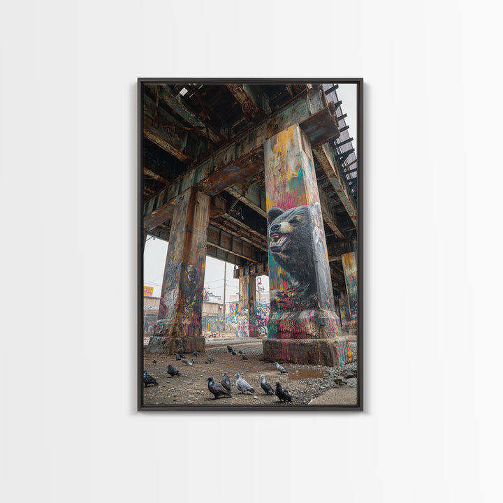 Vibrant Street Art Bear On Grungy Urban Pillar Graffiti Wall Painting Framed Canvas Print Trendy Wall Art