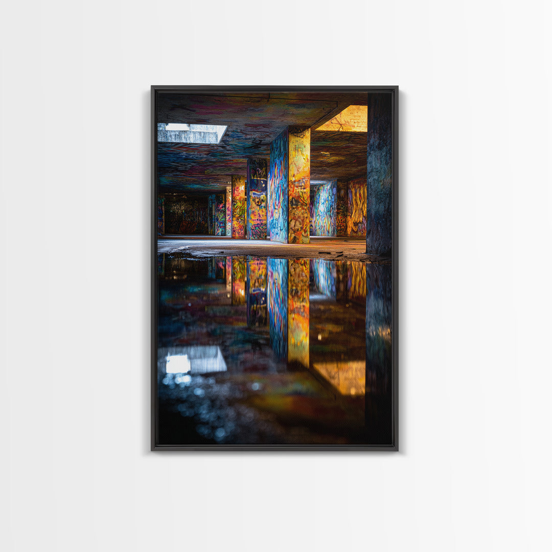 Colorful Graffiti Art With Reflections In Urban Underground Tunnel Wall Art Framed Canvas Print