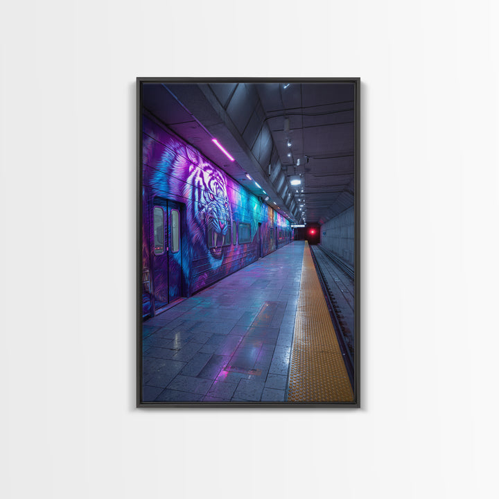 Vibrant Street Art Subway Train With Colorful Tiger Graffiti Framed Canvas Print Urban Wall Art For Modern Home