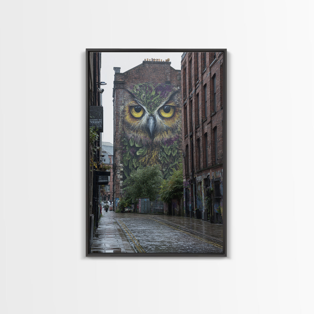 Large Vibrant Owl Mural Painted On Brick Building Wall In City Street - Original Wall Art Canvas Print For Urban Decor