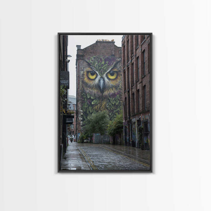 Large Vibrant Owl Mural Painted On Brick Building Wall In City Street - Original Wall Art Canvas Print For Urban Decor