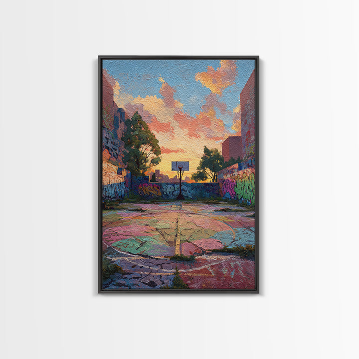 Urban Graffiti Basketball Court Sunset Colorful Street Art Canvas Print Vibrant Wall Art For Modern Living Room