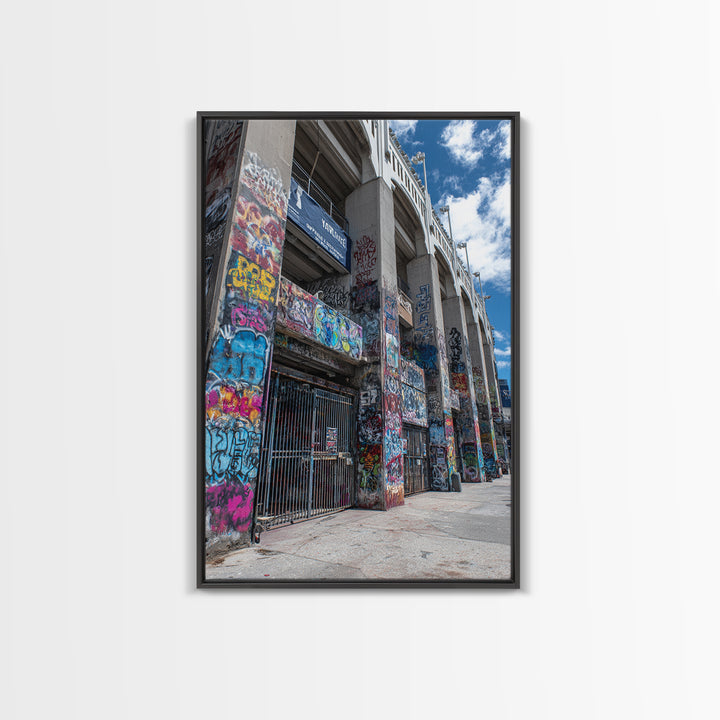 Abandoned Urban Street Art Graffiti Wall With Blue Sky | Vibrant Modern Wall Art Print For Home Decor Framed Canvas Print