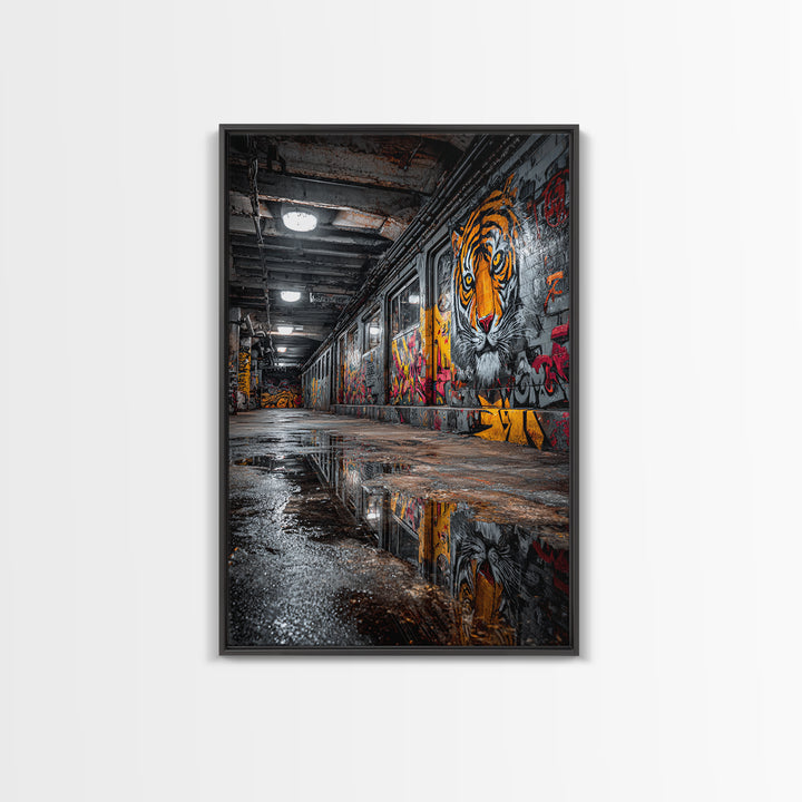 Urban Subway Corridor With Tiger Graffiti Art Moody Street Art Wall Decor - Canvas Print For Industrial Loft And Urban Spaces