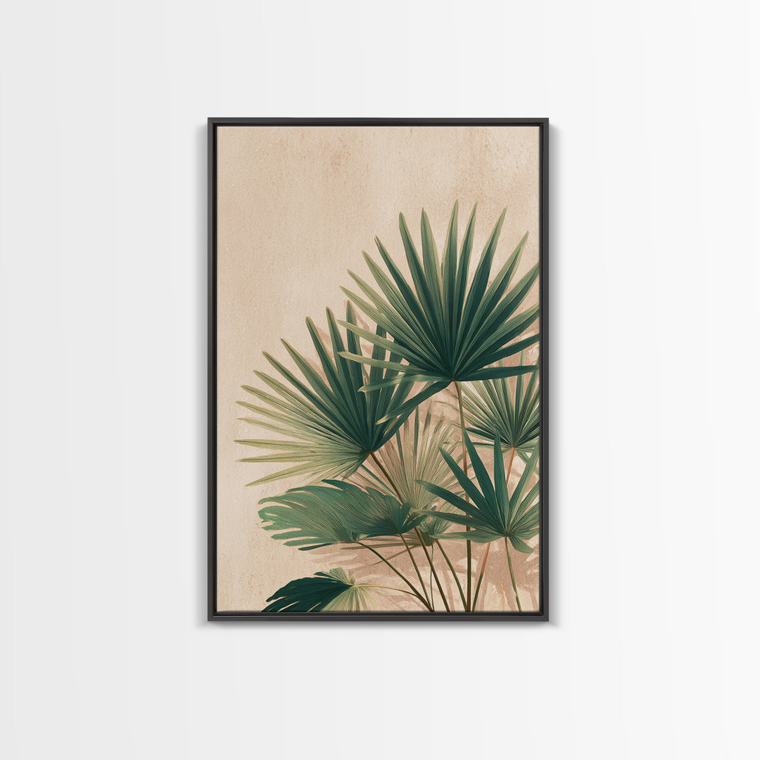 Green Fan Palm Botanical Wall Art, Tropical Leaf Canvas Print, Coastal Boho Living Room Decor, Large Nature Inspired Art
