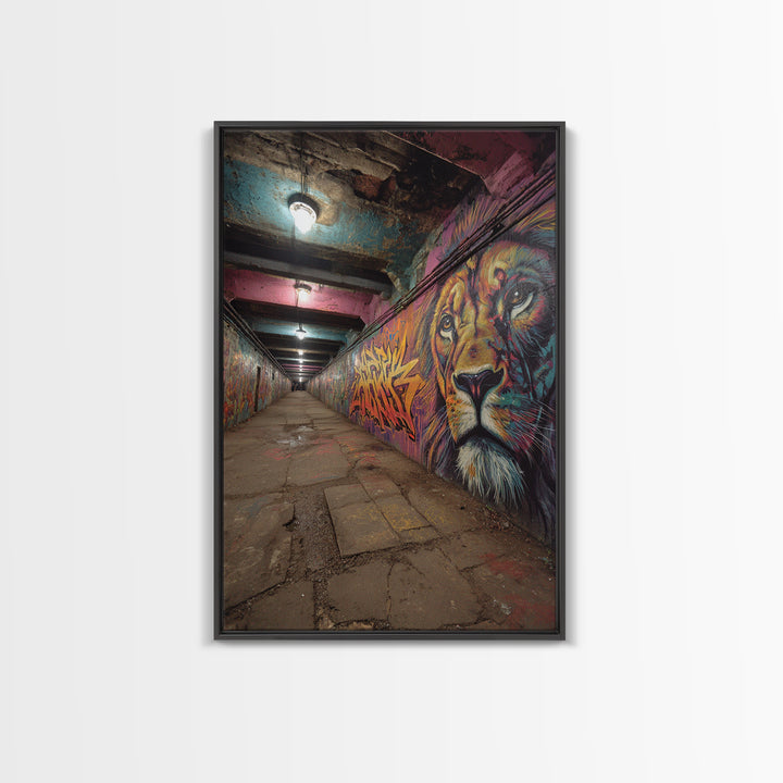 Urban Subway Tunnel Animal Graffiti Wall Art Colorful Lion Mural Framed Canvas Print For Street Art Lovers And Man Cave