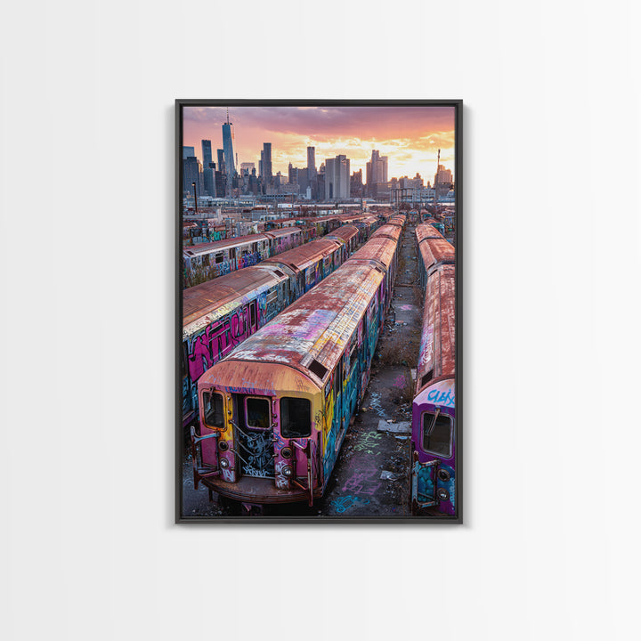 Abandoned Graffiti Covered Subway Trains Cityscape Urban Wall Art Print | Modern Wall Art Home Decor Gift For Him