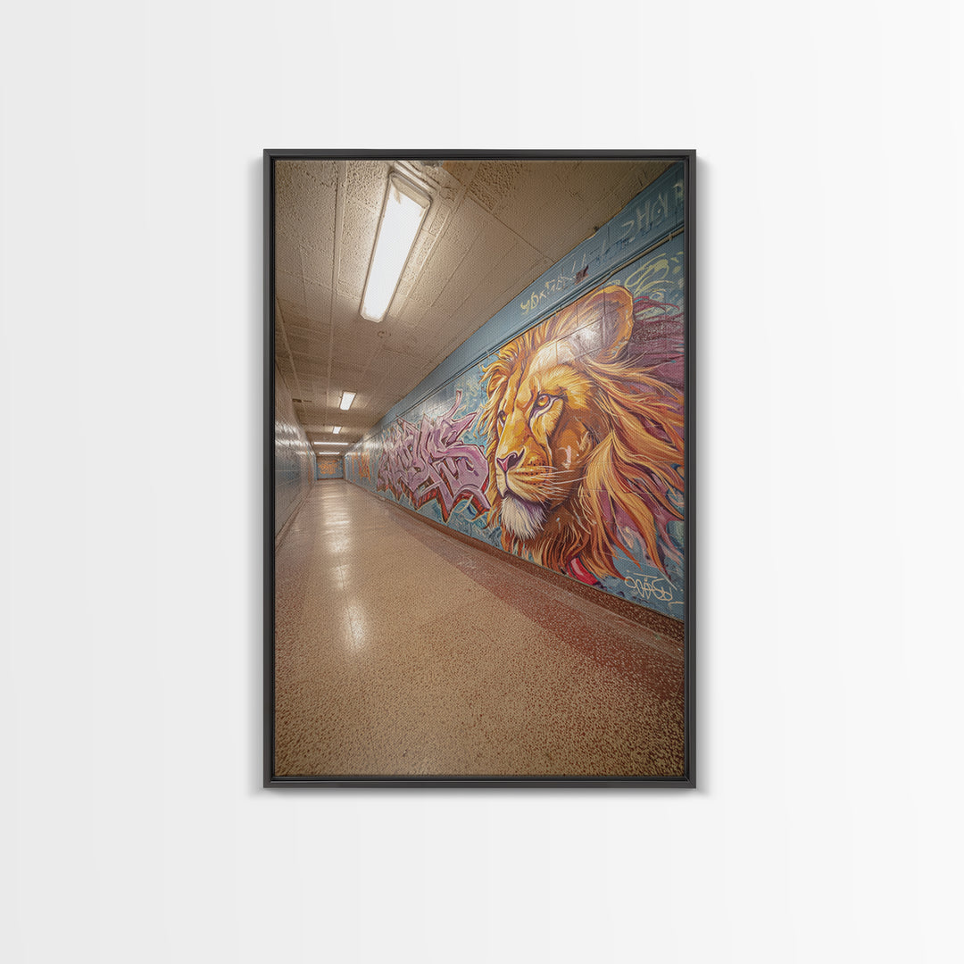 Artistic Lion Mural In City Tunnel Hallway Urban Street Art Decor | Vibrant Wall Art Print For Home Or Office Framed Canvas