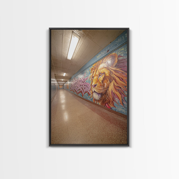 Artistic Lion Mural In City Tunnel Hallway Urban Street Art Decor | Vibrant Wall Art Print For Home Or Office Framed Canvas